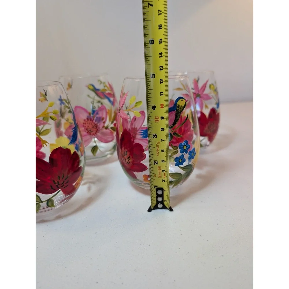 Pier 1 Happy Blooms Hand Painted Stemless Wine Glasses Birds FlowersSet of 5